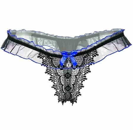 sexy string εσώρουχο με δαντέλα και φιογκάκι χρώματος μπλε one size,από spandex  και naylon