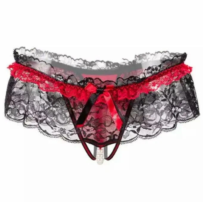Sexy εσώρουχο με πέρλες one size σε χρώμα μαύρο κόκκινο από cotton polyester.