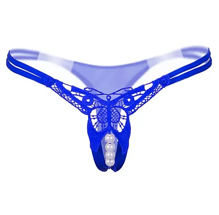 Sexy string one size σε μπλε χρώμα με σειρά από πέρλες.