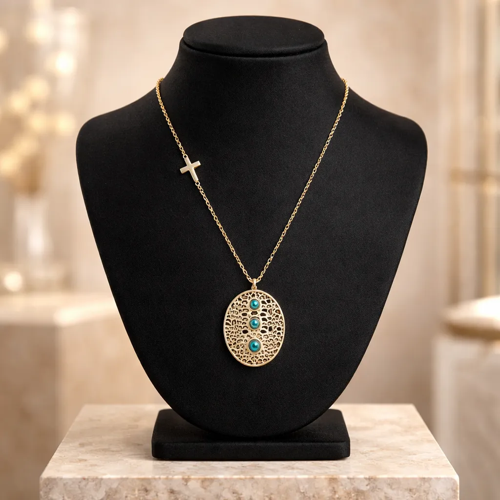 Κολιέ Οβάλ Μενταγιόν Evil Eye & Σταυρός – Ανοξείδωτο Ατσάλι