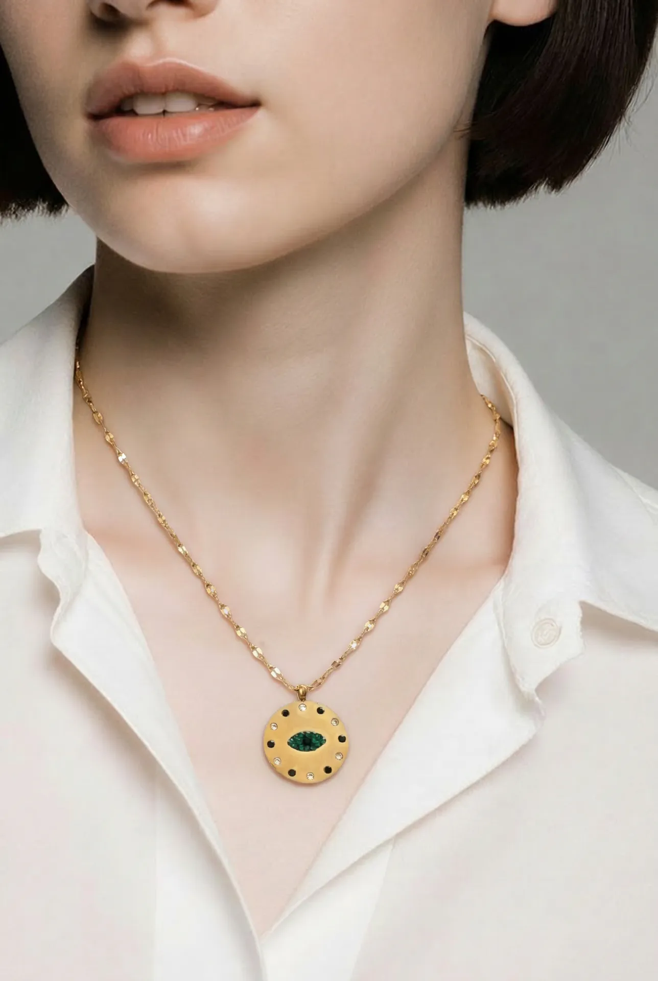 Κολιέ Mystic Emerald Eye Disc – Ανοξείδωτο Ατσάλι