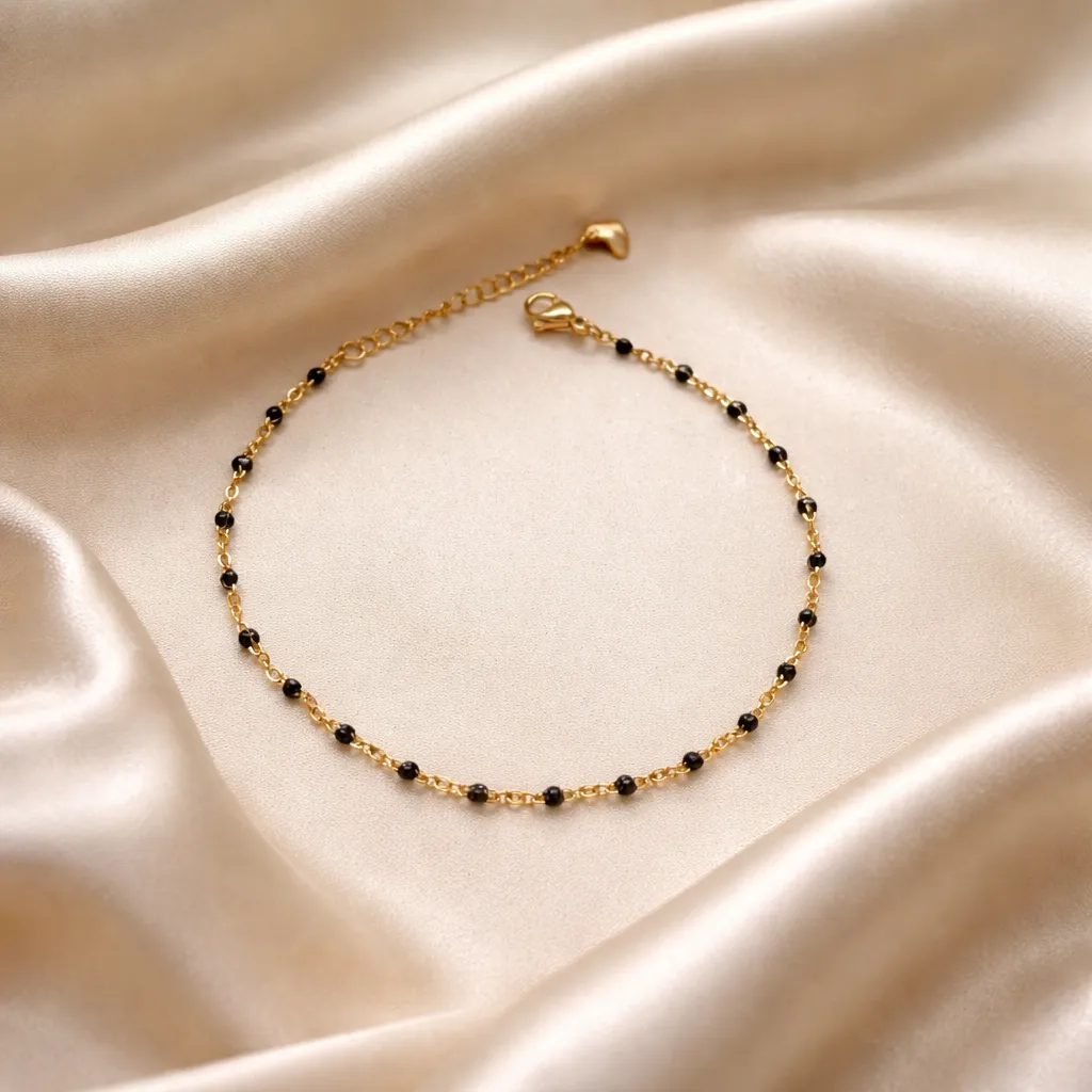 Gold & Black Onyx Minimalist-Αλυσίδα Ποδιού Ανοξείδωτο Ατσάλι