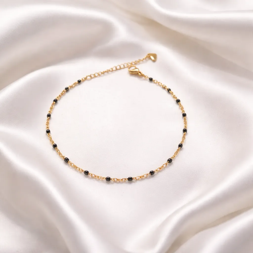 Gold & Black Onyx Minimalist-Αλυσίδα Ποδιού Ανοξείδωτο Ατσάλι