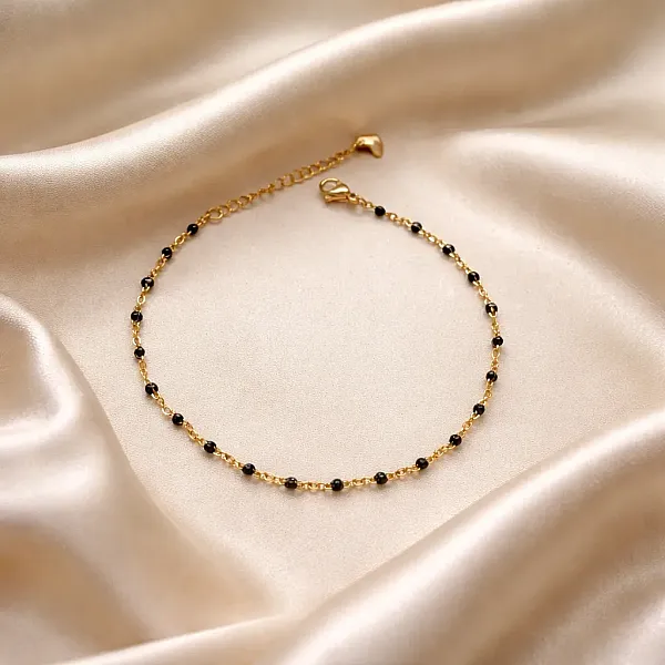Gold & Black Onyx Minimalist-Αλυσίδα Ποδιού Ανοξείδωτο Ατσάλι