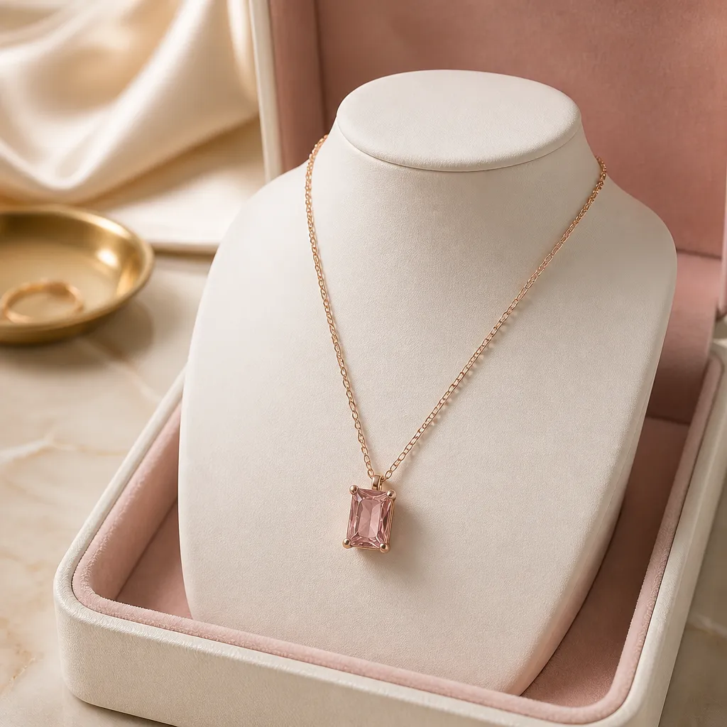 Κολιέ Pink Emerald Cut – Ανοξείδωτο Ατσάλι
