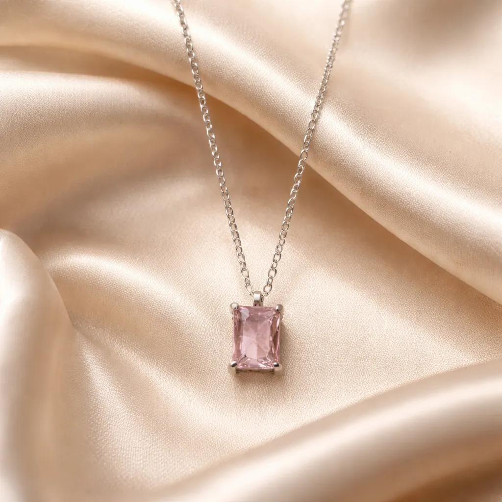 Κολιέ Pink Emerald Cut Silver – Ανοξείδωτο Ατσάλι