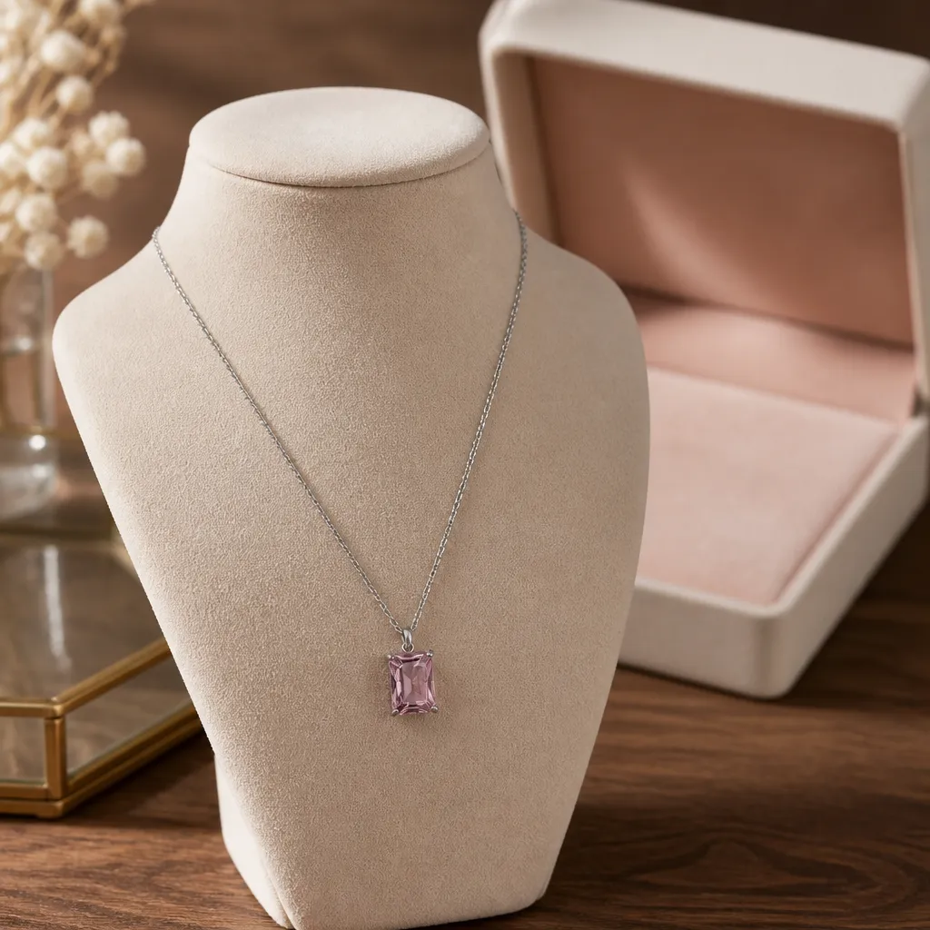 Κολιέ Pink Emerald Cut Silver – Ανοξείδωτο Ατσάλι