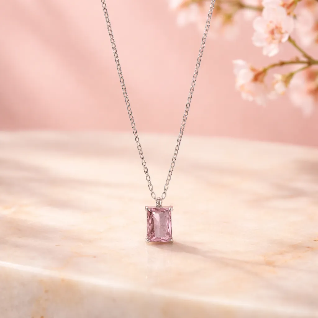 Κολιέ Pink Emerald Cut Silver – Ανοξείδωτο Ατσάλι