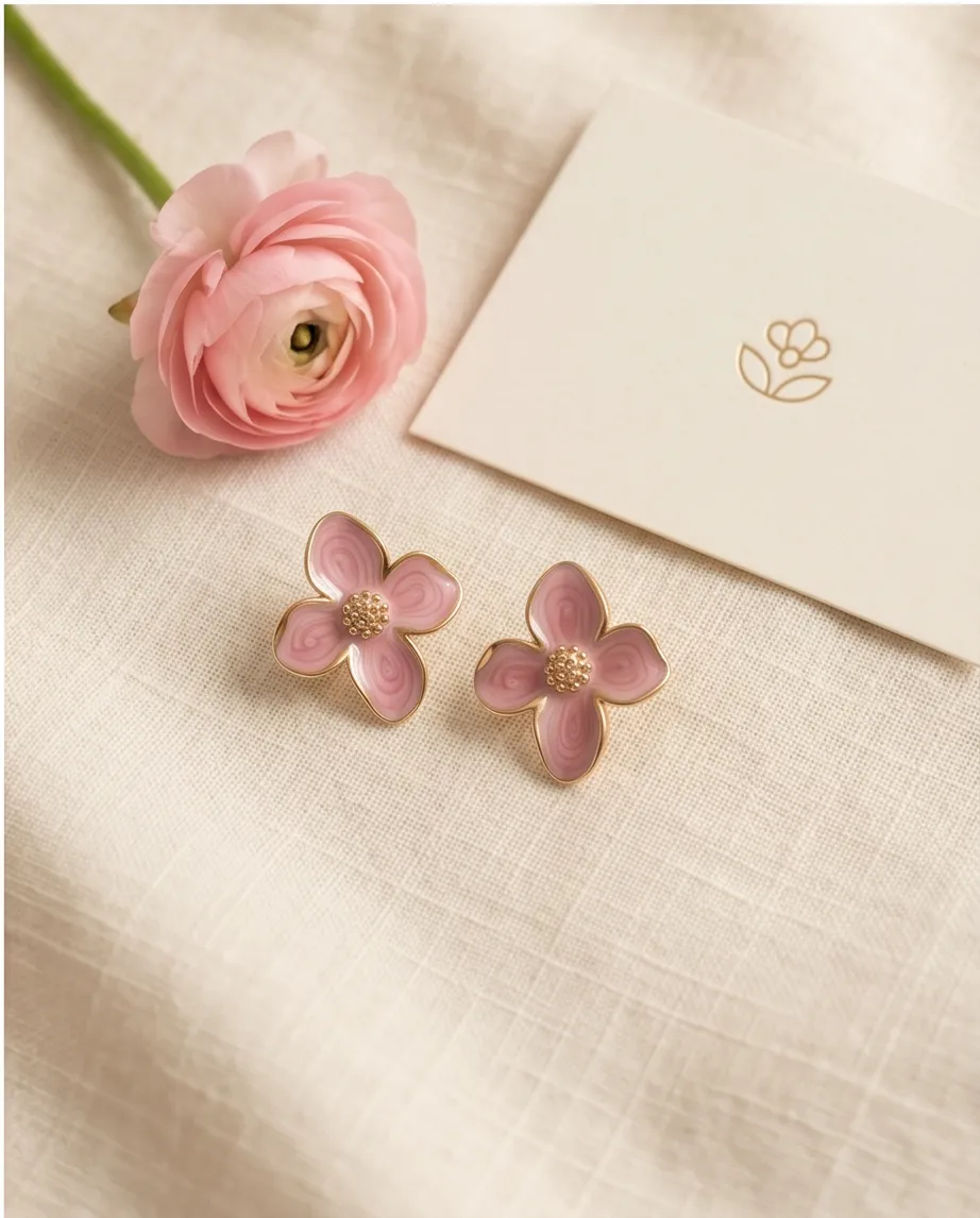 Σκουλαρίκια Pink Floral Enamel – Ανοξείδωτο Ατσάλι