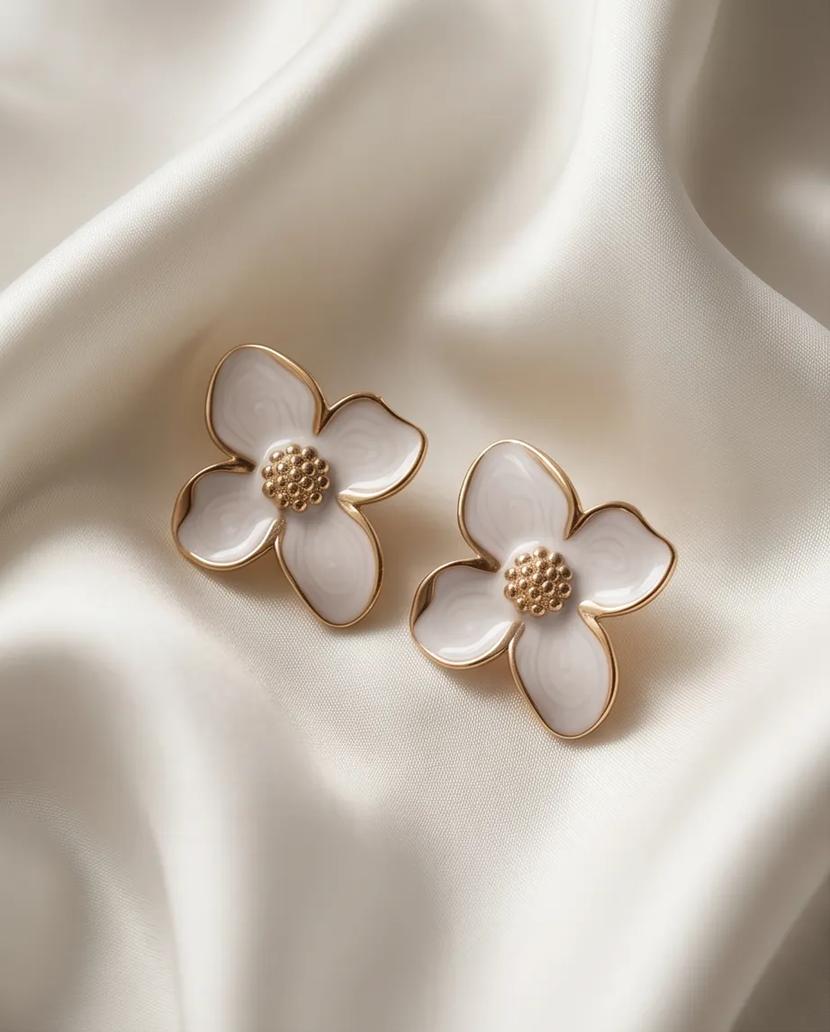 Σκουλαρίκια White Floral Enamel – Ανοξείδωτο Ατσάλι