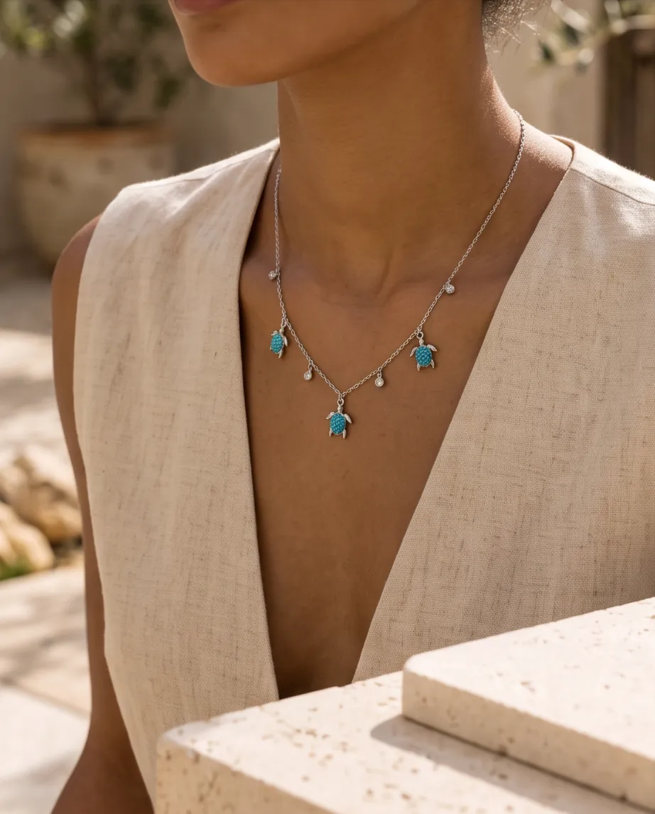 Κολιέ Turtles Turquoise Silver - Ανοξείδωτο Ατσάλι