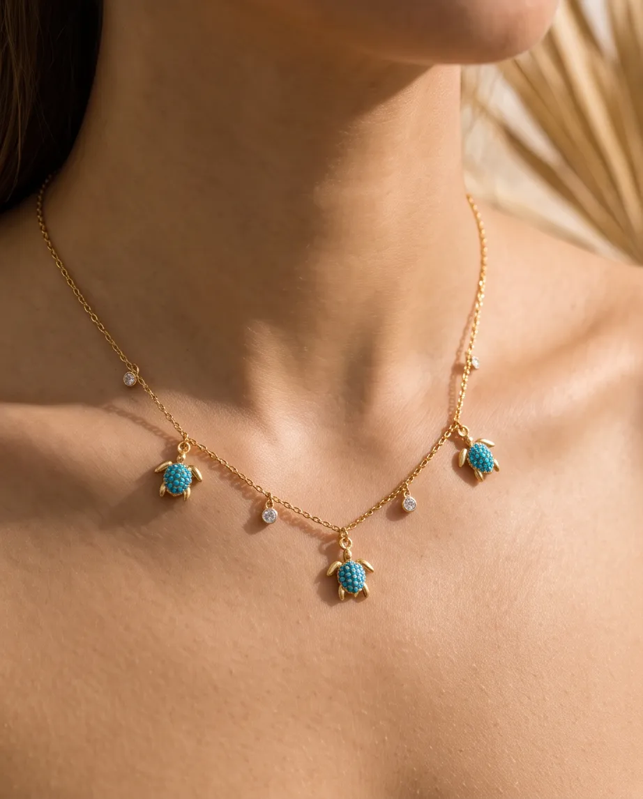 Κολιέ Turtles Turquoise Gold - Ανοξείδωτο Ατσάλι