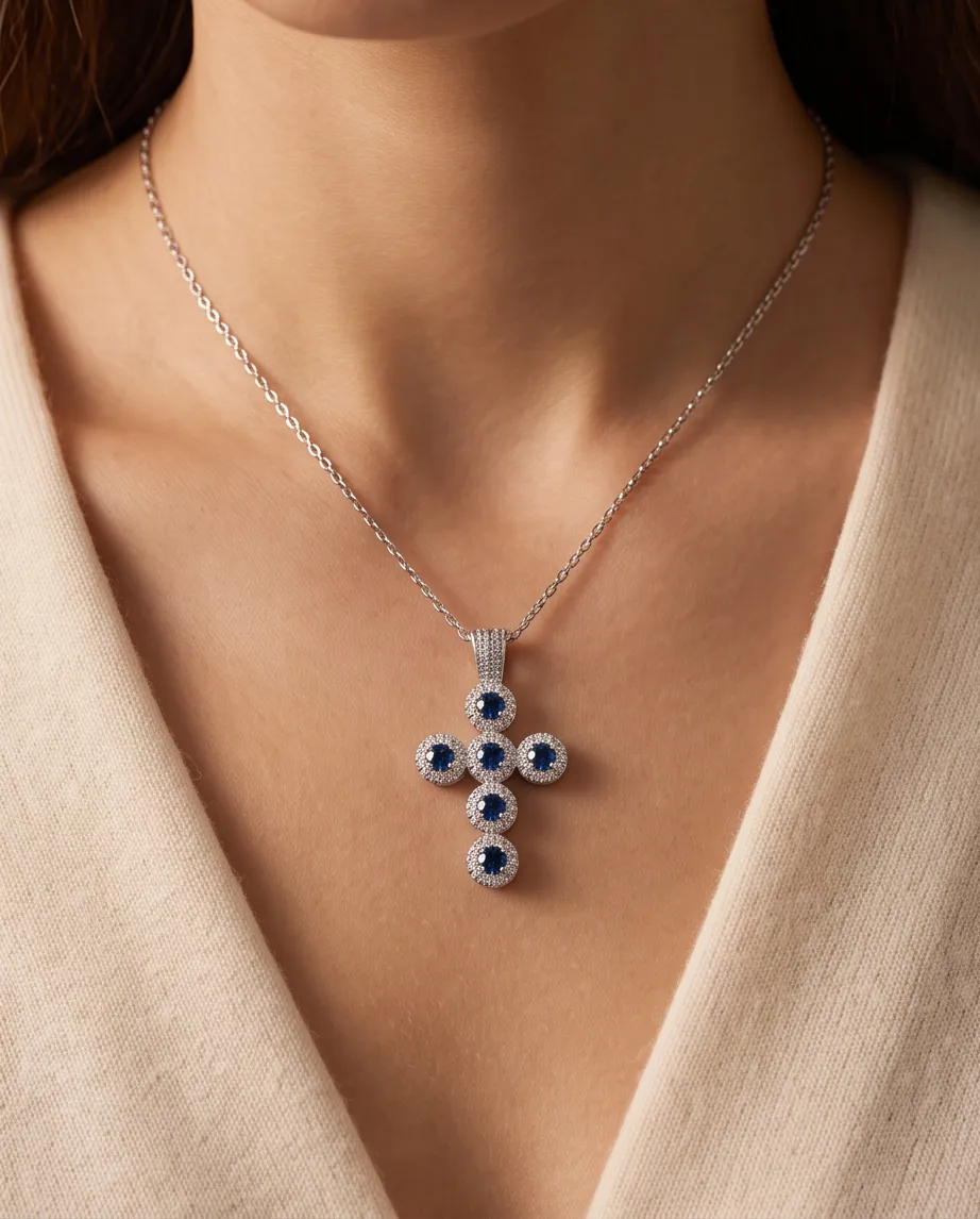 Κολιέ Cross Sapphire Silver - Ανοξείδωτο Ατσάλι