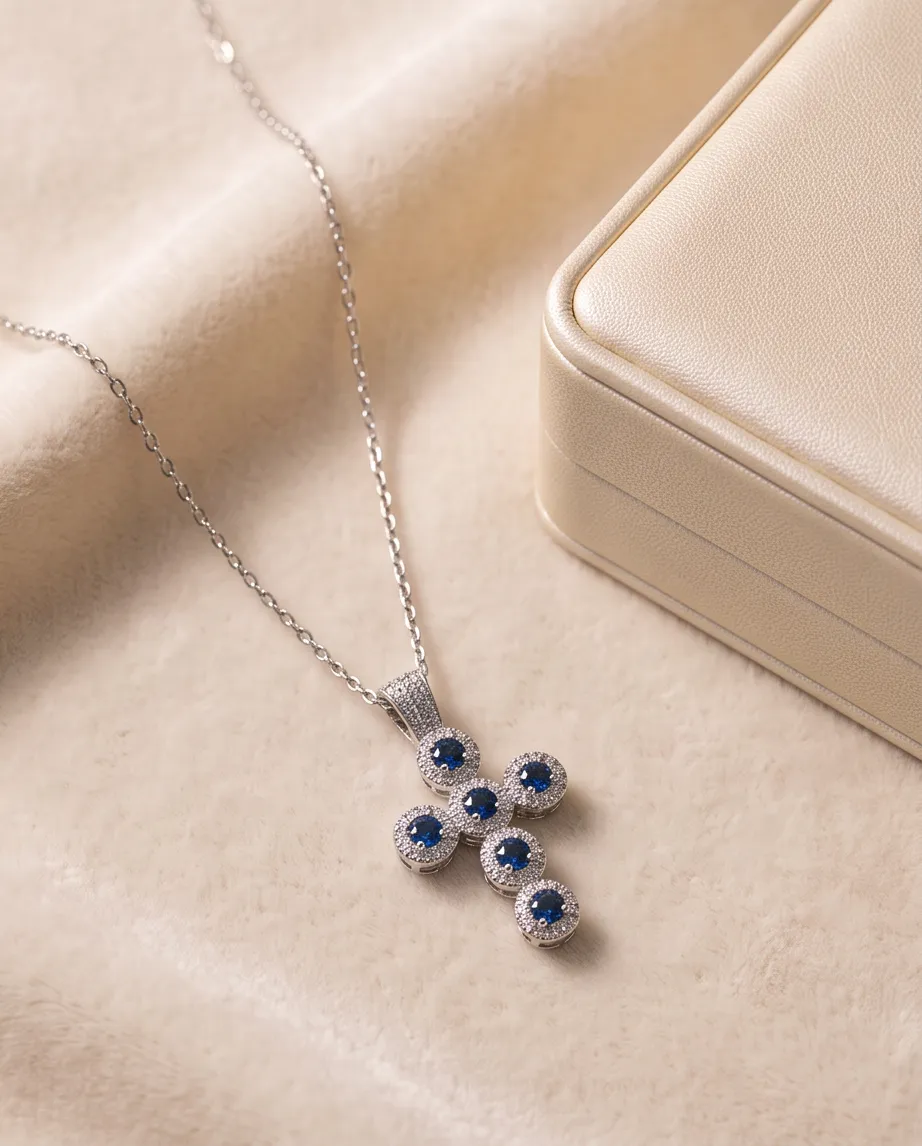 Κολιέ Cross Sapphire Silver - Ανοξείδωτο Ατσάλι