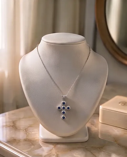 Κολιέ Cross Sapphire Silver - Ανοξείδωτο Ατσάλι