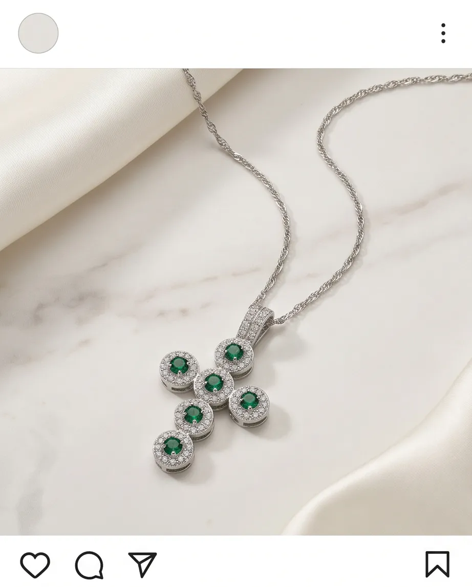 Κολιέ Cross Emerald Silver - Ανοξείδωτο Ατσάλι