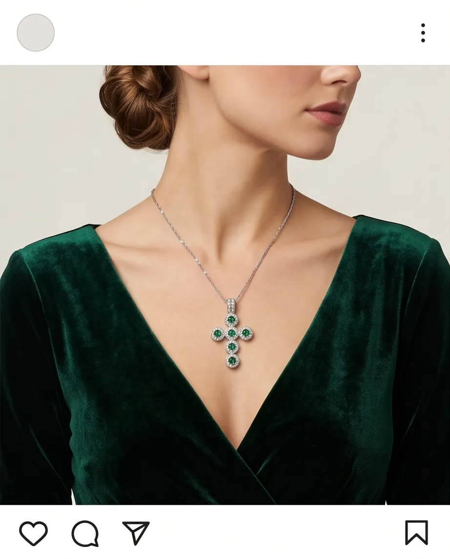 Κολιέ Cross Emerald Silver - Ανοξείδωτο Ατσάλι