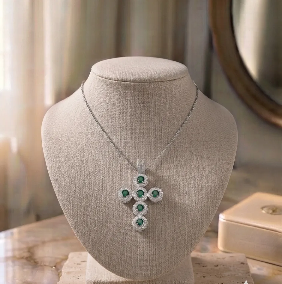 Κολιέ Cross Emerald Silver - Ανοξείδωτο Ατσάλι