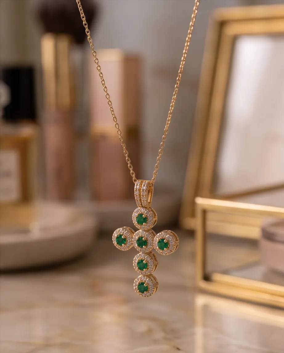 Κολιέ Cross Emerald Gold - Ανοξείδωτο Ατσάλι