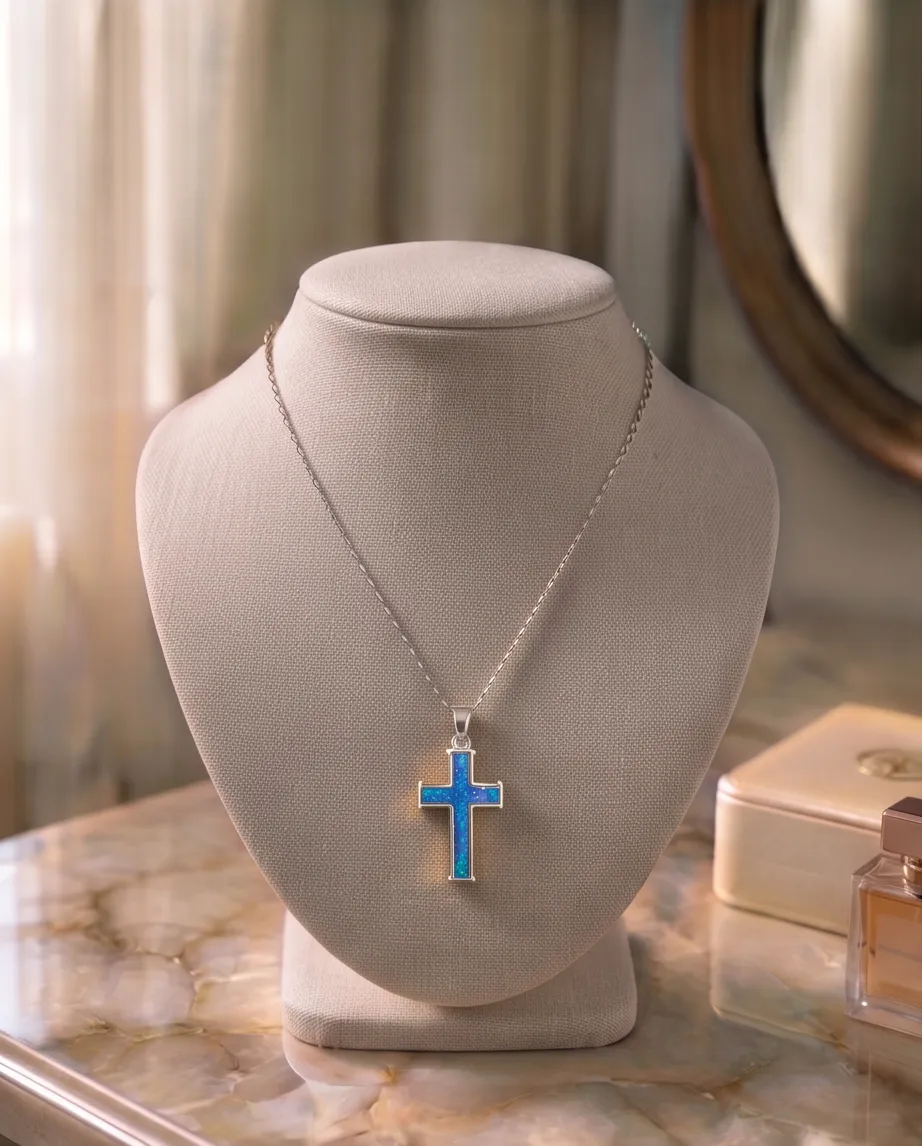 Κολιέ Cross Blue Silver - Ανοξείδωτο Ατσάλι
