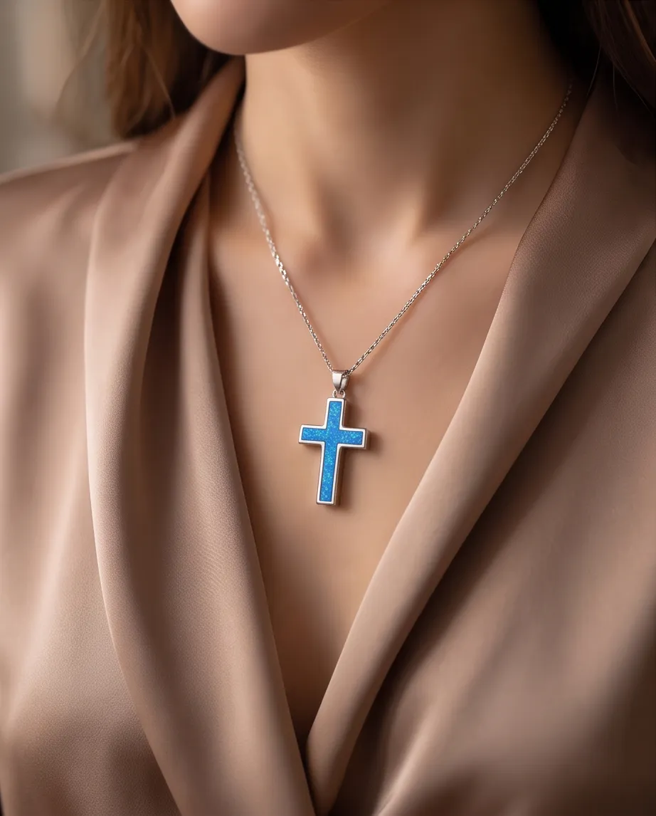 Κολιέ Cross Blue Silver - Ανοξείδωτο Ατσάλι