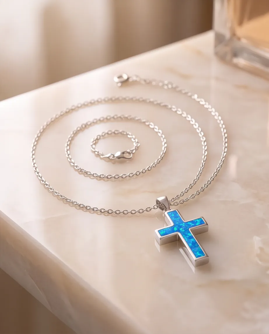 Κολιέ Cross Blue Silver - Ανοξείδωτο Ατσάλι