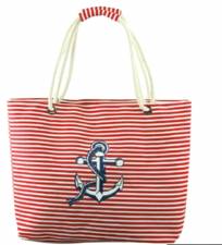 Υφασμάτινη κόκκινη  ριγέ τσάντα θάλασσας  με φερμουάρ και μακρυά χερούλια.